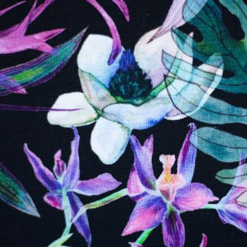 Preview: Modal French Terry Flowers Lila/Rosa/Grün auf Schwarz by Swafing